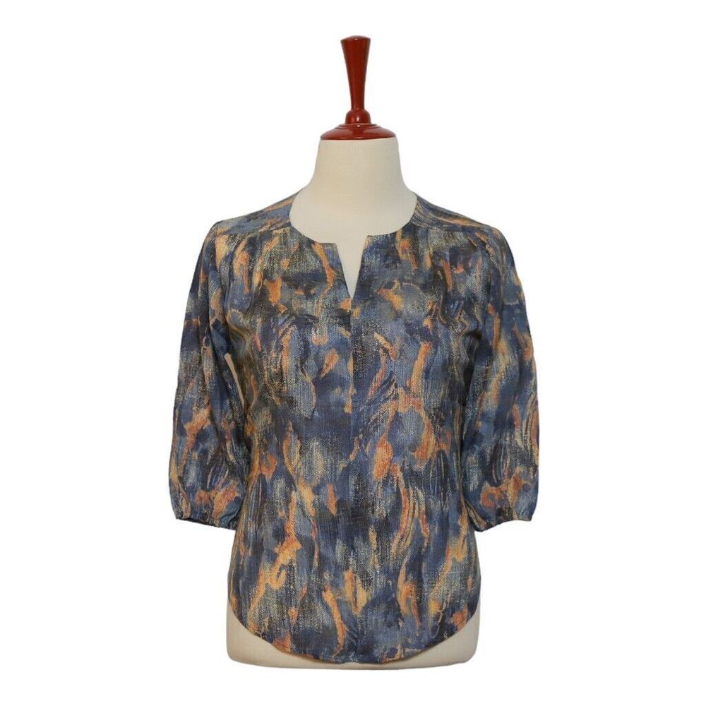 Womens Blouse Blue Orange Abstract 3/4 Sleeve V-Neck Relaxed Casual Top Large